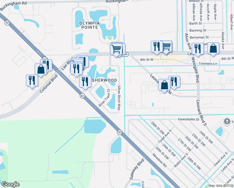 map of restaurants, bars, coffee shops, grocery stores, and more near 11119 River Trent Court in Lehigh Acres