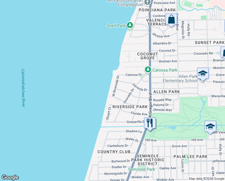 map of restaurants, bars, coffee shops, grocery stores, and more near 3402 West Riverside Drive in Fort Myers