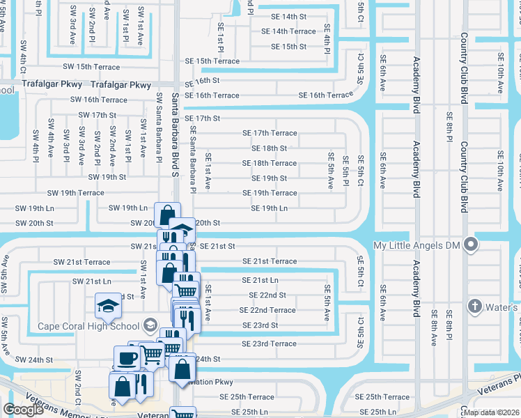 map of restaurants, bars, coffee shops, grocery stores, and more near 208 Southeast 19th Lane in Cape Coral