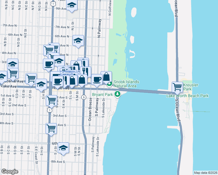 map of restaurants, bars, coffee shops, grocery stores, and more near 2 North Lakeside Drive in Lake Worth