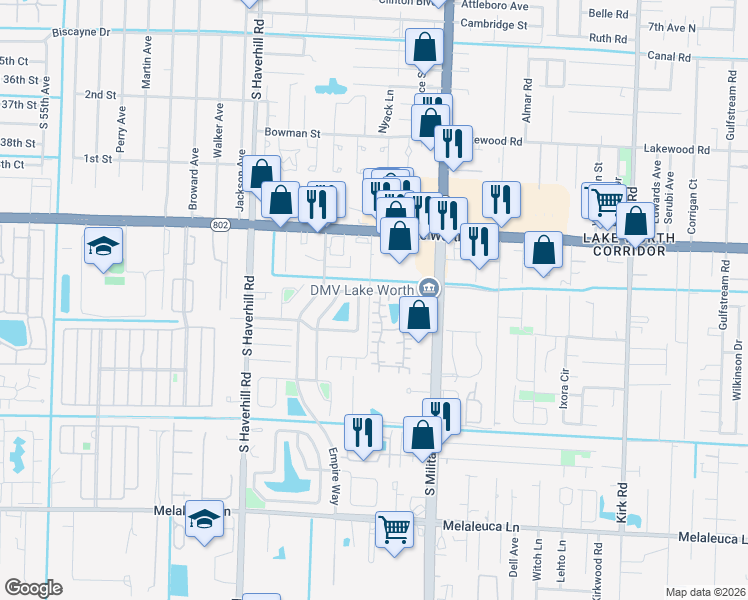 map of restaurants, bars, coffee shops, grocery stores, and more near 4208 Landar Drive North in Lake Worth