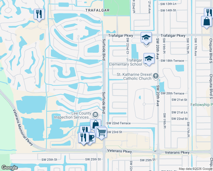 map of restaurants, bars, coffee shops, grocery stores, and more near 1925 Surfside Boulevard in Cape Coral