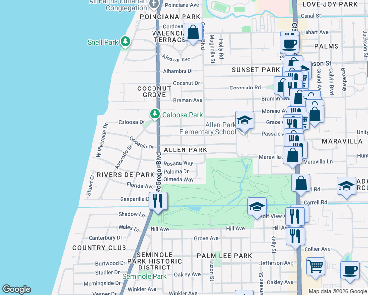 map of restaurants, bars, coffee shops, grocery stores, and more near 1500 Ricardo Avenue in Fort Myers
