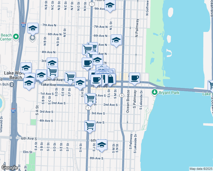 map of restaurants, bars, coffee shops, grocery stores, and more near 604 Lake Avenue in Lake Worth Beach