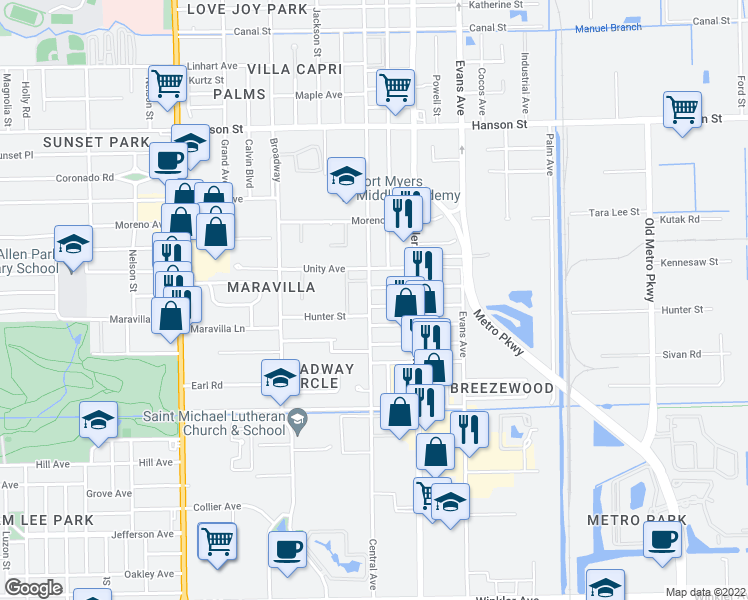 map of restaurants, bars, coffee shops, grocery stores, and more near 2401 Hunter Street in Fort Myers