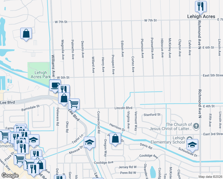 map of restaurants, bars, coffee shops, grocery stores, and more near 413 Prospect Avenue in Lehigh Acres
