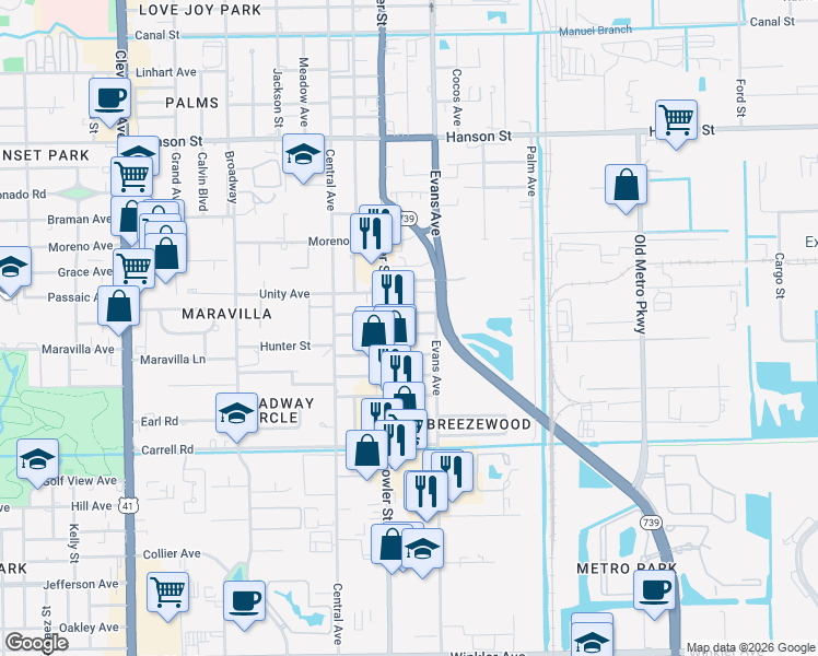 map of restaurants, bars, coffee shops, grocery stores, and more near 2535 Hunter Street in Fort Myers