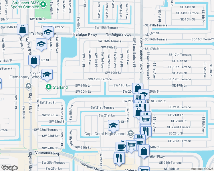 map of restaurants, bars, coffee shops, grocery stores, and more near 1932 Southwest 2nd Place in Cape Coral