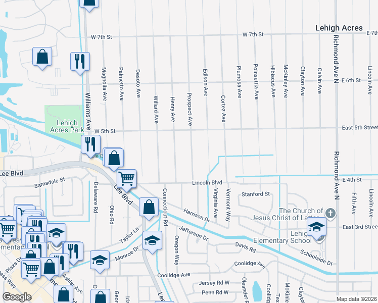 map of restaurants, bars, coffee shops, grocery stores, and more near 413 Prospect Avenue in Lehigh Acres