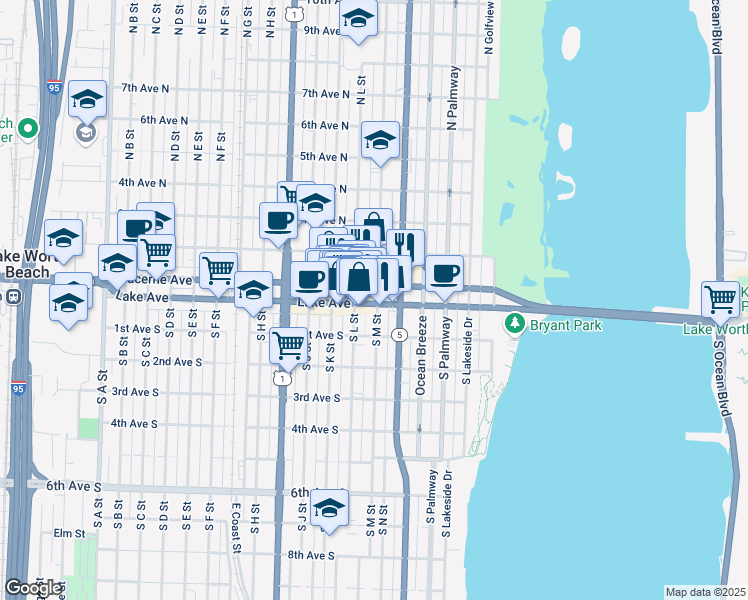 map of restaurants, bars, coffee shops, grocery stores, and more near in Lake Worth Beach