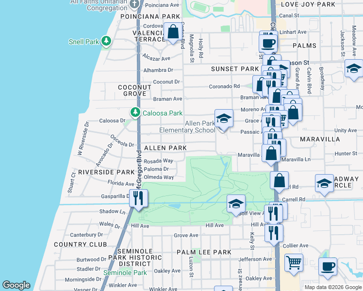 map of restaurants, bars, coffee shops, grocery stores, and more near 1574 Ricardo Avenue in Fort Myers