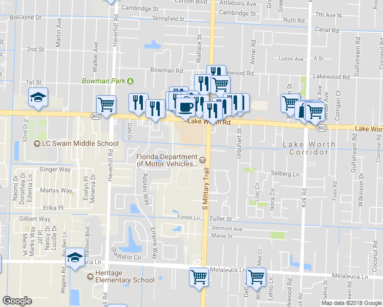 map of restaurants, bars, coffee shops, grocery stores, and more near 4177 Landar Drive North in Lake Worth