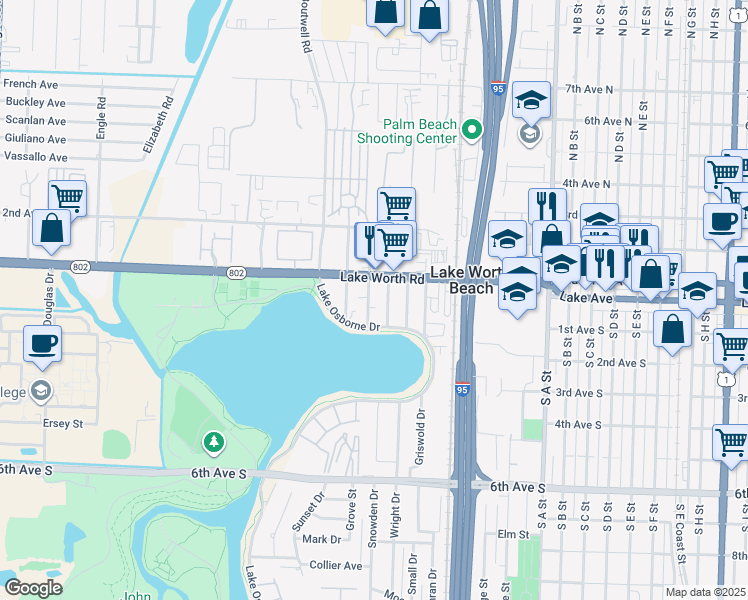 map of restaurants, bars, coffee shops, grocery stores, and more near 25 Detroit Street in Lake Worth