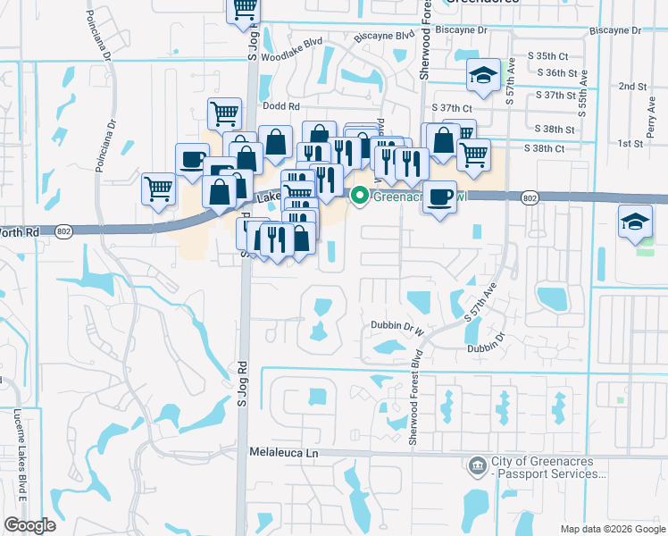 map of restaurants, bars, coffee shops, grocery stores, and more near 1510 Seminole Palms Drive in Lake Worth