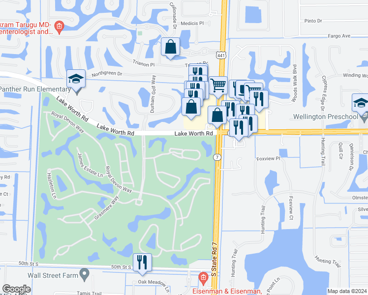 map of restaurants, bars, coffee shops, grocery stores, and more near 10125 Andover Coach Circle in Wellington
