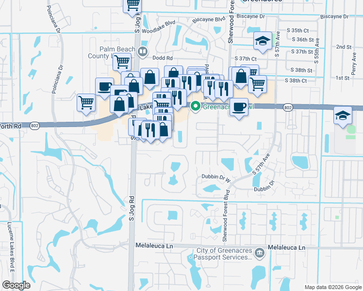 map of restaurants, bars, coffee shops, grocery stores, and more near 1510 Seminole Palms Drive in Greenacres