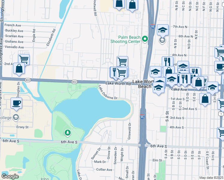 map of restaurants, bars, coffee shops, grocery stores, and more near 25 Detroit Street in Lake Worth