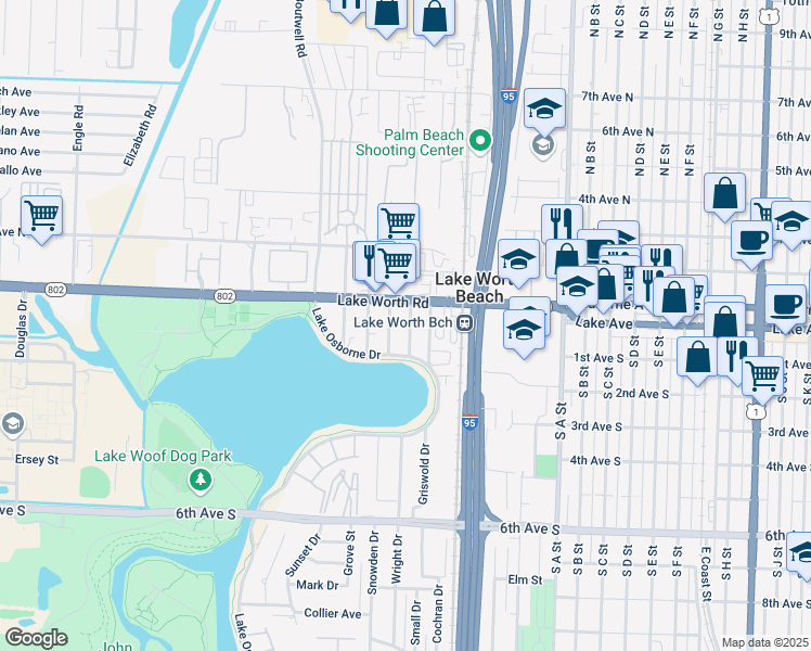 map of restaurants, bars, coffee shops, grocery stores, and more near 121 Akron Street in Lake Worth