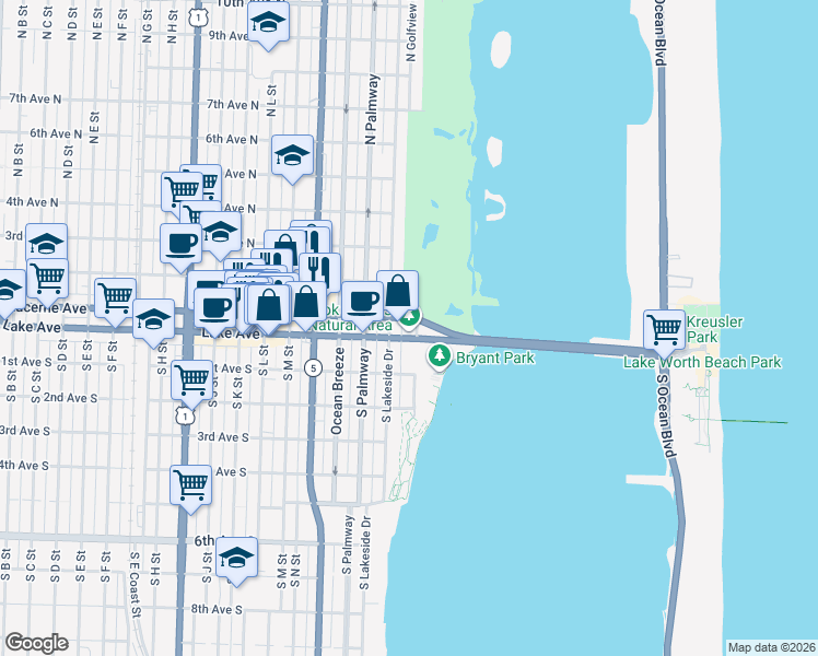 map of restaurants, bars, coffee shops, grocery stores, and more near 1 North Golfview Road in Lake Worth Beach