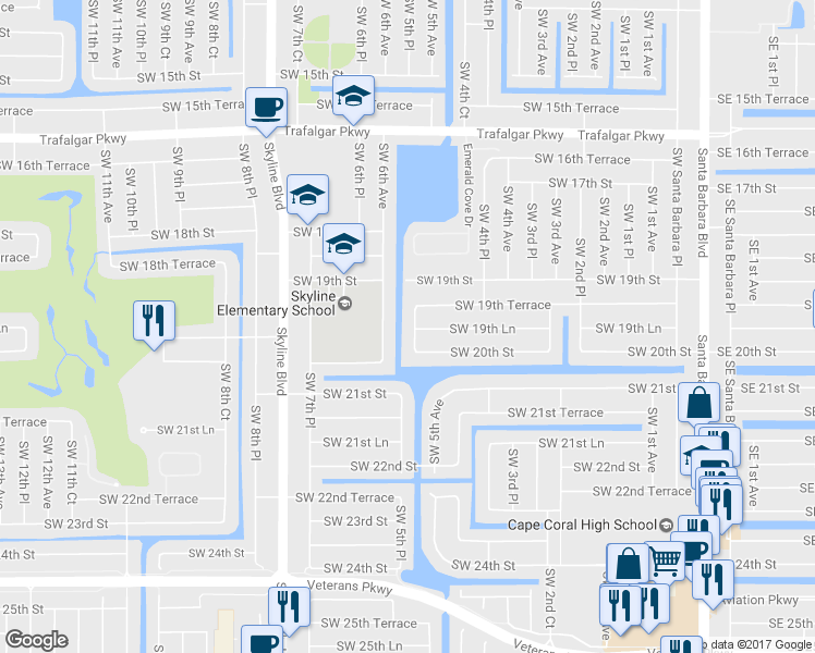 map of restaurants, bars, coffee shops, grocery stores, and more near 1928 Southwest 5th Place in Cape Coral