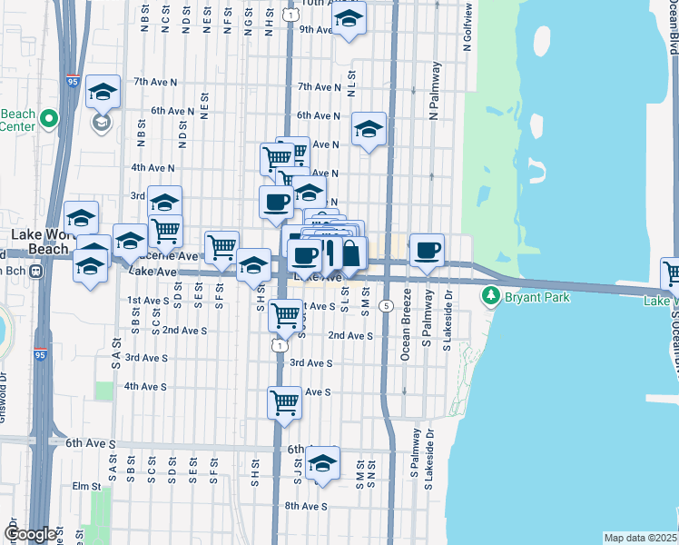 map of restaurants, bars, coffee shops, grocery stores, and more near 614 Lake Avenue in Lake Worth