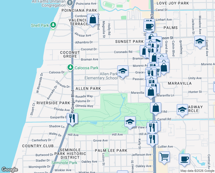 map of restaurants, bars, coffee shops, grocery stores, and more near 1636 Ricardo Avenue in Fort Myers