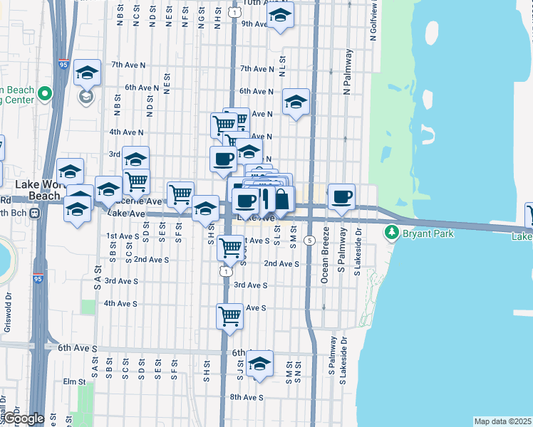 map of restaurants, bars, coffee shops, grocery stores, and more near 614 Lake Avenue in Lake Worth