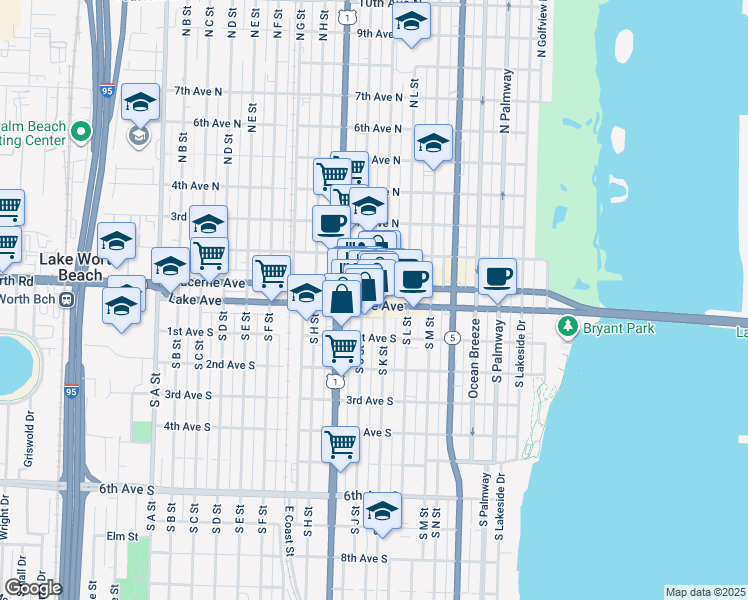 map of restaurants, bars, coffee shops, grocery stores, and more near 7 North J Street in Lake Worth Beach
