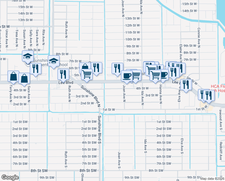 map of restaurants, bars, coffee shops, grocery stores, and more near 3019 4th Street West in Lehigh Acres