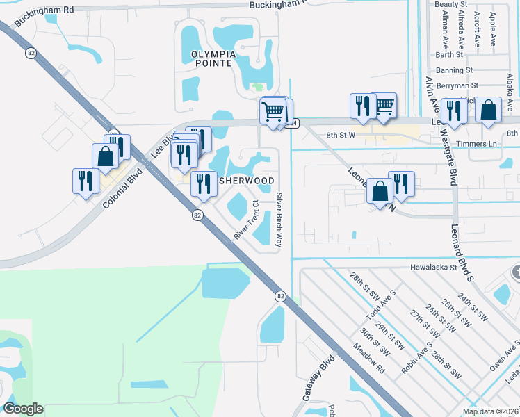 map of restaurants, bars, coffee shops, grocery stores, and more near 11119 River Trent Court in Lehigh Acres