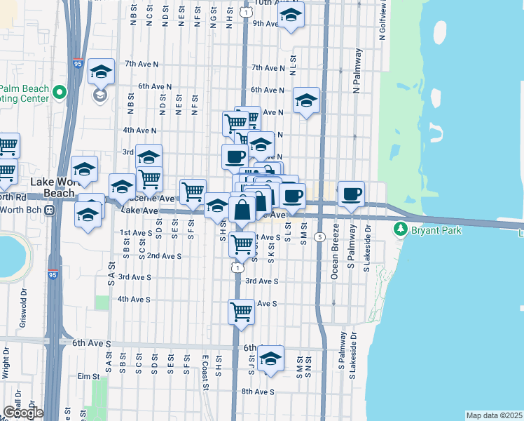 map of restaurants, bars, coffee shops, grocery stores, and more near 7 North J Street in Lake Worth Beach