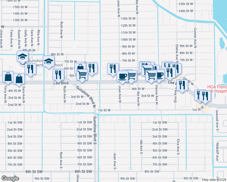 map of restaurants, bars, coffee shops, grocery stores, and more near 3007 4th Street West in Lehigh Acres