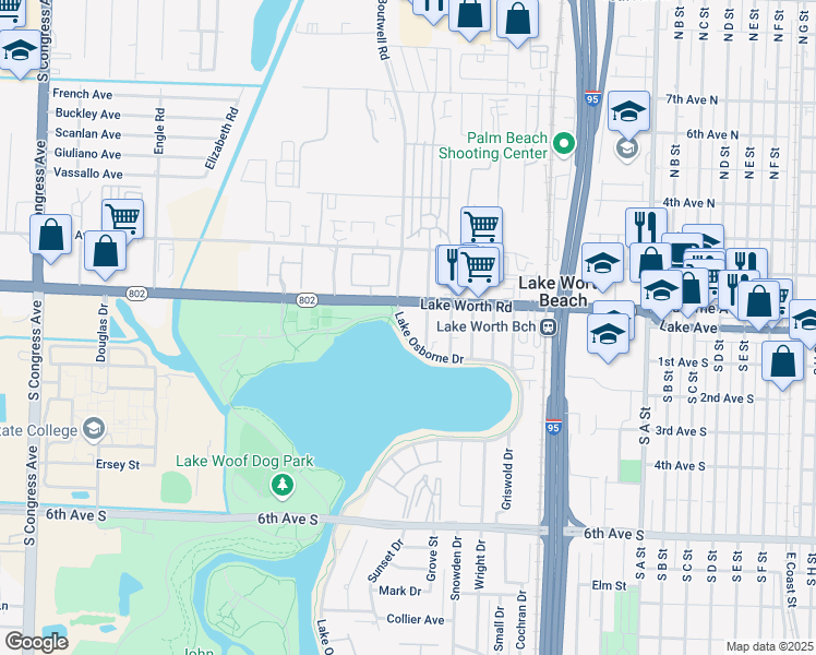 map of restaurants, bars, coffee shops, grocery stores, and more near 56 Lake Osborne Drive in Lake Worth
