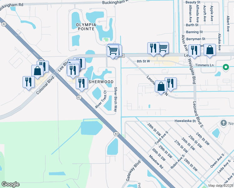 map of restaurants, bars, coffee shops, grocery stores, and more near 8194 Silver Birch Way in Lehigh Acres