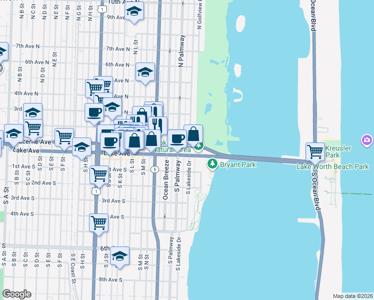 map of restaurants, bars, coffee shops, grocery stores, and more near 2 North Lakeside Drive in Lake Worth