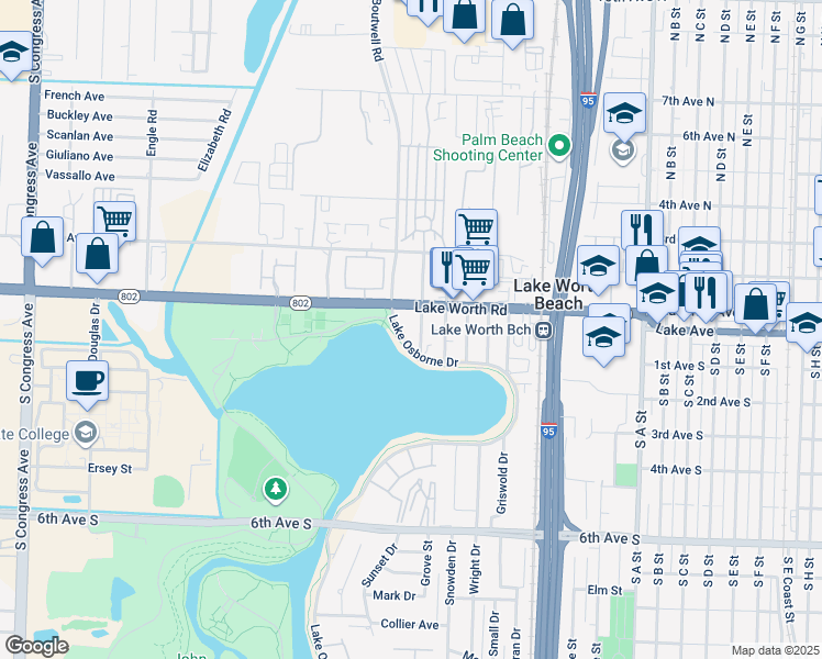 map of restaurants, bars, coffee shops, grocery stores, and more near 56 Lake Osborne Drive in Lake Worth