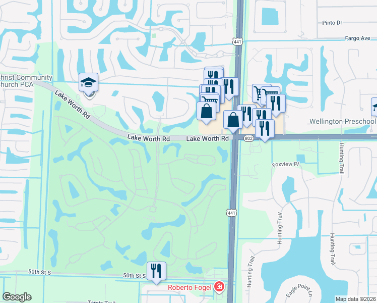 map of restaurants, bars, coffee shops, grocery stores, and more near 10315 South Andover Coach Lane in Lake Worth