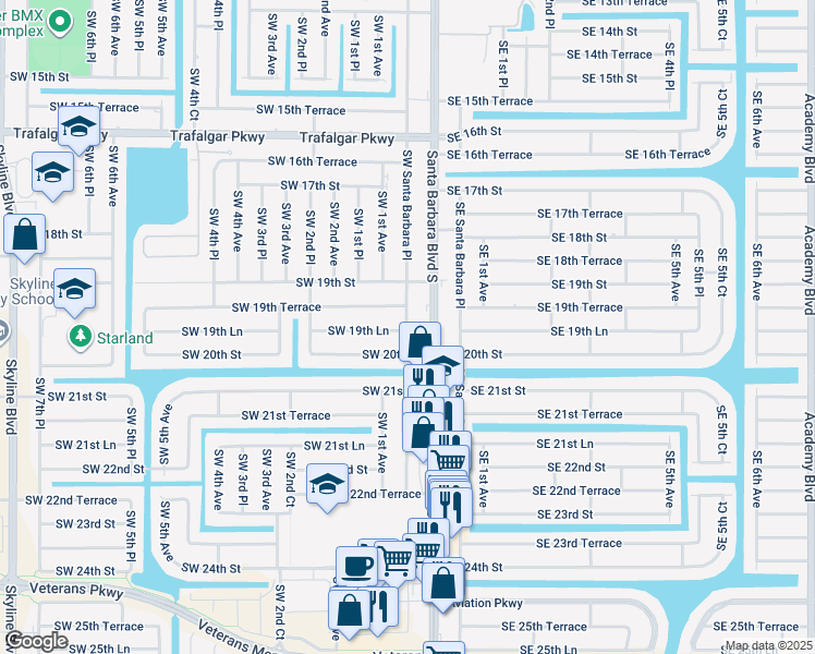 map of restaurants, bars, coffee shops, grocery stores, and more near 1931 Southwest Santa Barbara Place in Cape Coral