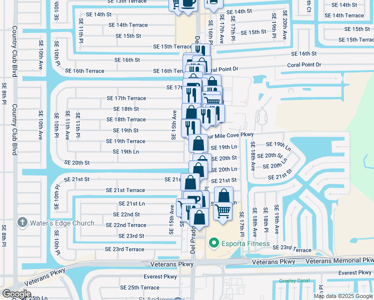 map of restaurants, bars, coffee shops, grocery stores, and more near 1925 Southeast 15th Place in Cape Coral