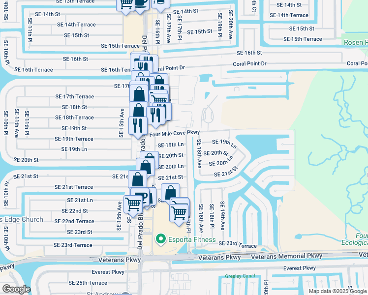 map of restaurants, bars, coffee shops, grocery stores, and more near 1718 Southeast 19th Lane in Cape Coral