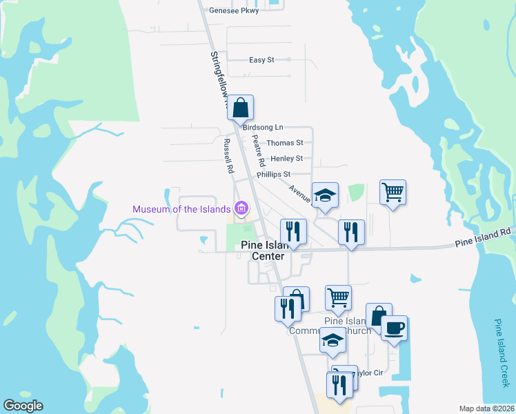 map of restaurants, bars, coffee shops, grocery stores, and more near 10671 Stringfellow Road in Bokeelia