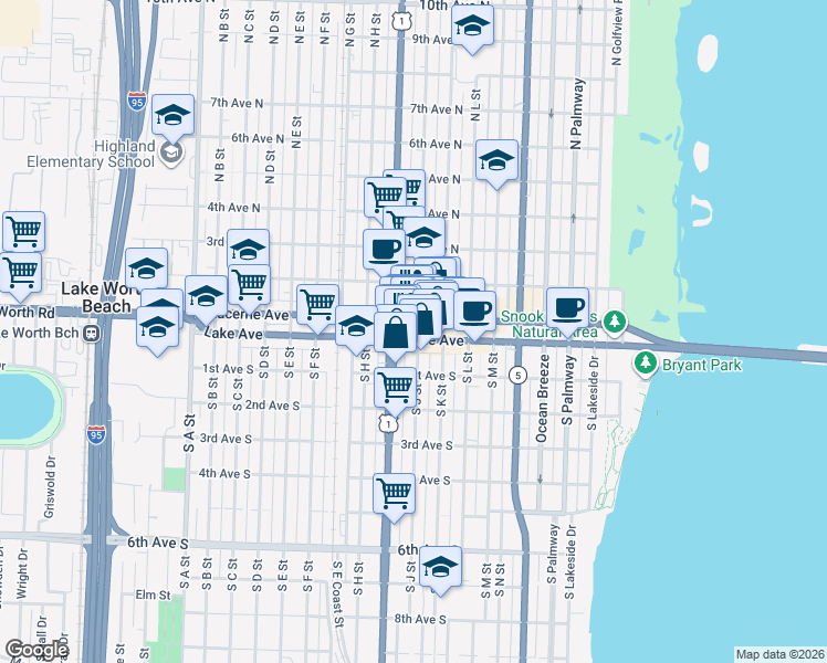 map of restaurants, bars, coffee shops, grocery stores, and more near 7 North J Street in Lake Worth Beach