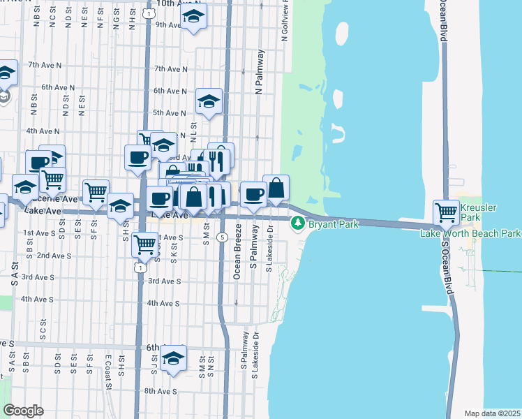 map of restaurants, bars, coffee shops, grocery stores, and more near 200 Lake Avenue in Lake Worth