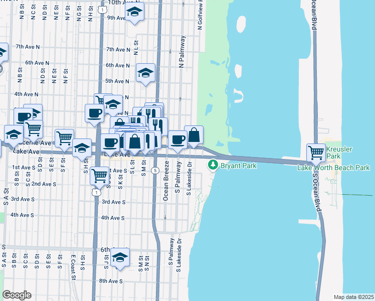 map of restaurants, bars, coffee shops, grocery stores, and more near 2 North Lakeside Drive in Lake Worth