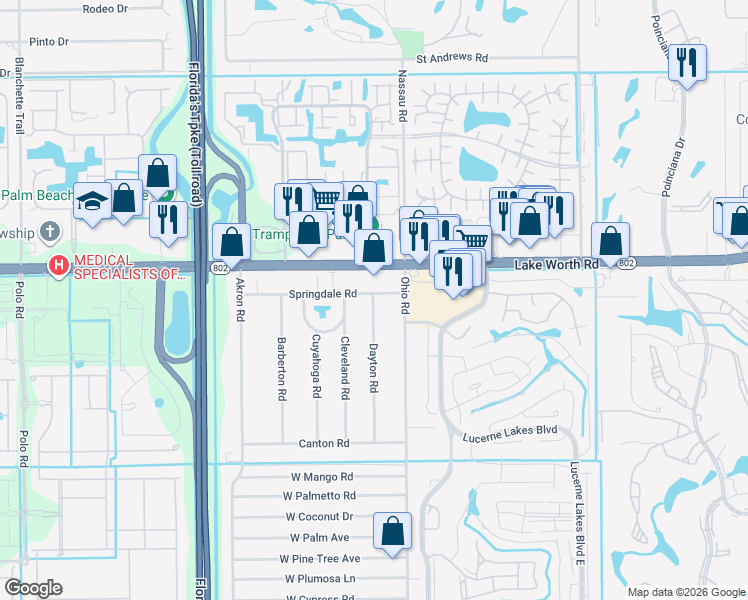 map of restaurants, bars, coffee shops, grocery stores, and more near 17 Dayton Road in Lake Worth