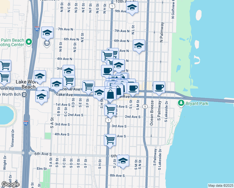 map of restaurants, bars, coffee shops, grocery stores, and more near 7 North J Street in Lake Worth Beach