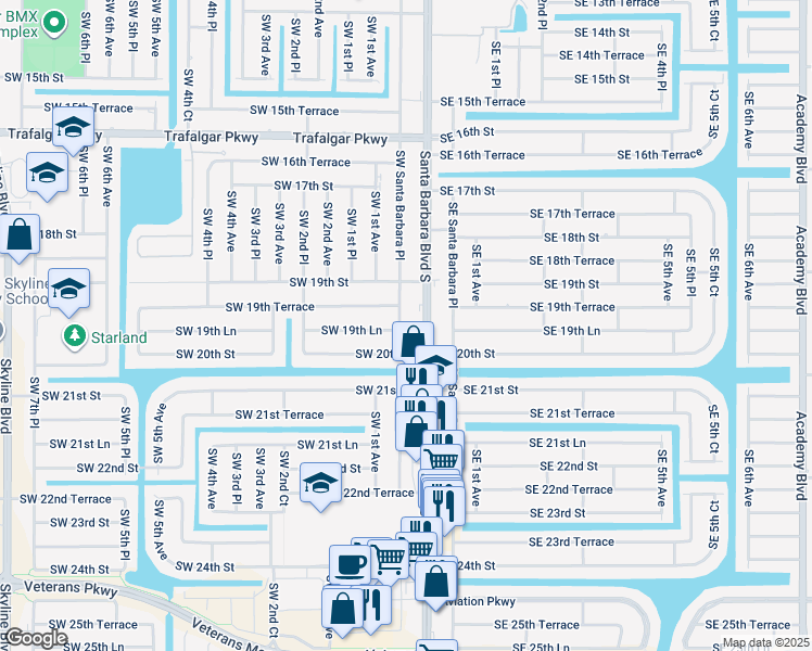 map of restaurants, bars, coffee shops, grocery stores, and more near 1931 Southwest Santa Barbara Place in Cape Coral