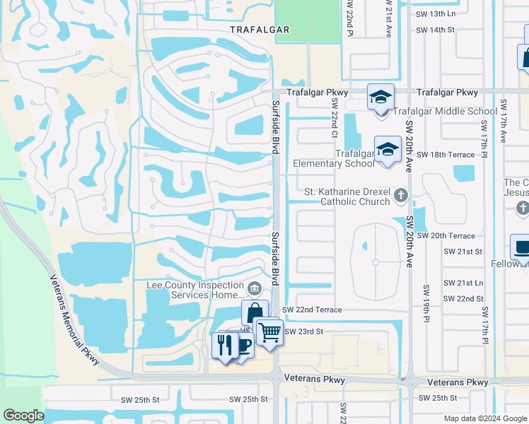 map of restaurants, bars, coffee shops, grocery stores, and more near 2440 Woodbourne Place in Cape Coral