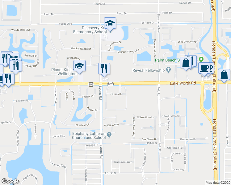 map of restaurants, bars, coffee shops, grocery stores, and more near 9005 Pitrizza Drive in Lake Worth