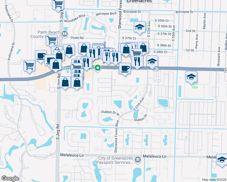 map of restaurants, bars, coffee shops, grocery stores, and more near 1 North Eric Circle in Greenacres